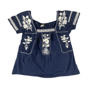 J. Crew Vintage Navy Blue Floral Embroidered Boho Square Neck Cotton Top XS